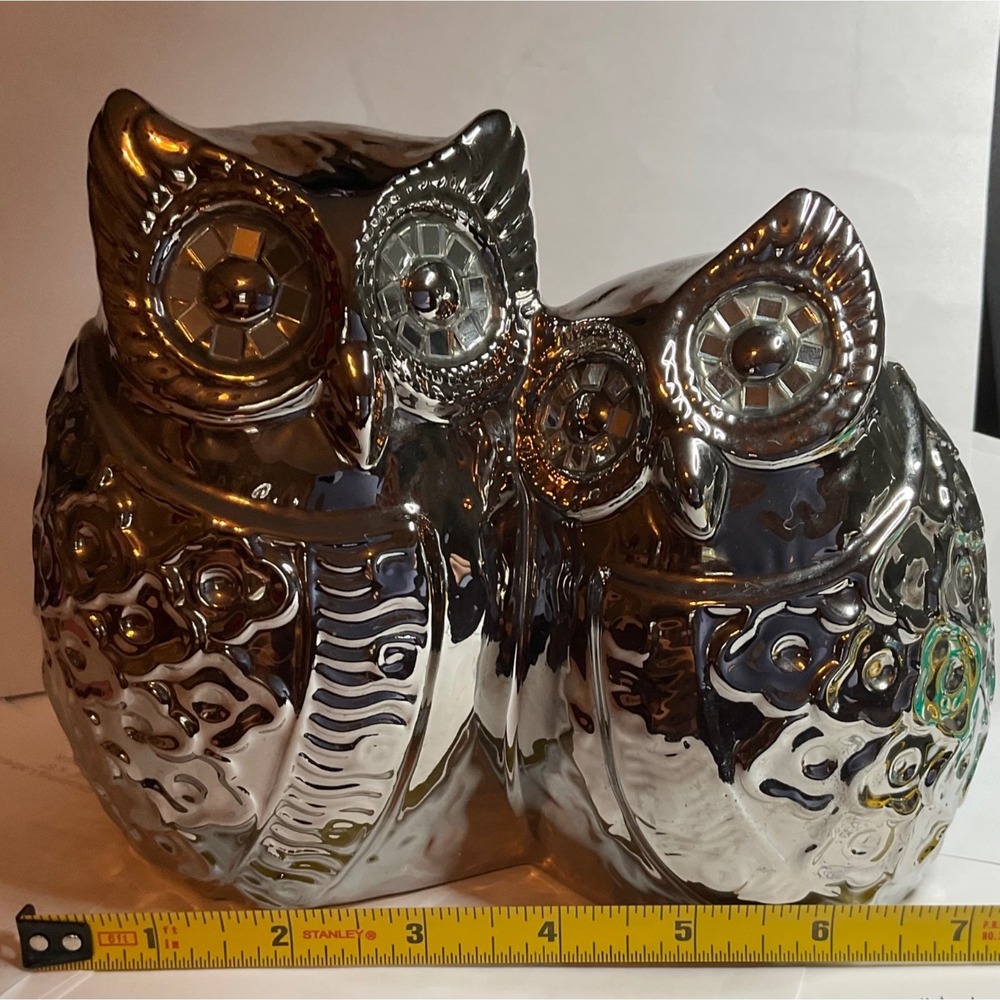 Chrome-Silver Double Owl Couple Figurine Mirrored,High-Shine Glazed Mosaic Eyes - Picture 4 of 8